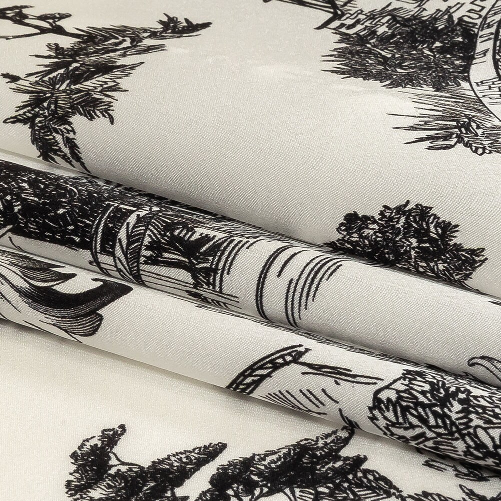 1 Yard Black Bean and Cloud Dancer Elegant Toile Silk Charmeuse 53 inch Width
