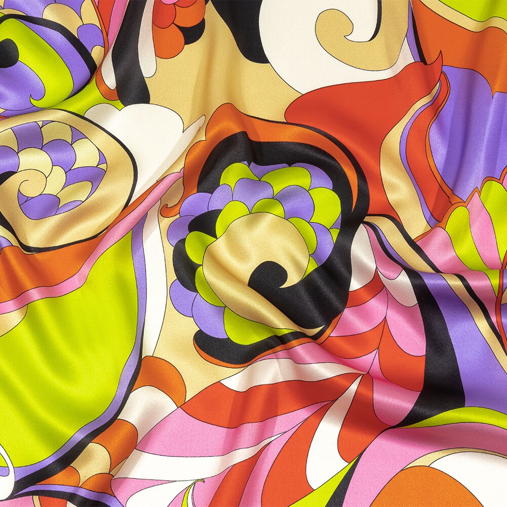 1 Yard Italian Purple, Orange & Lime Scales and Swirls Silk Charmeuse Luxury Fabric Perfect for Party Wear, 52 Inches Wide