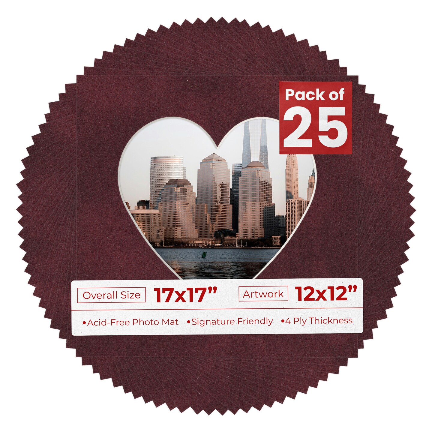 Dark Red Suede Mat Board for 17x17 Frames - Heart Opening for 12x12 Photos