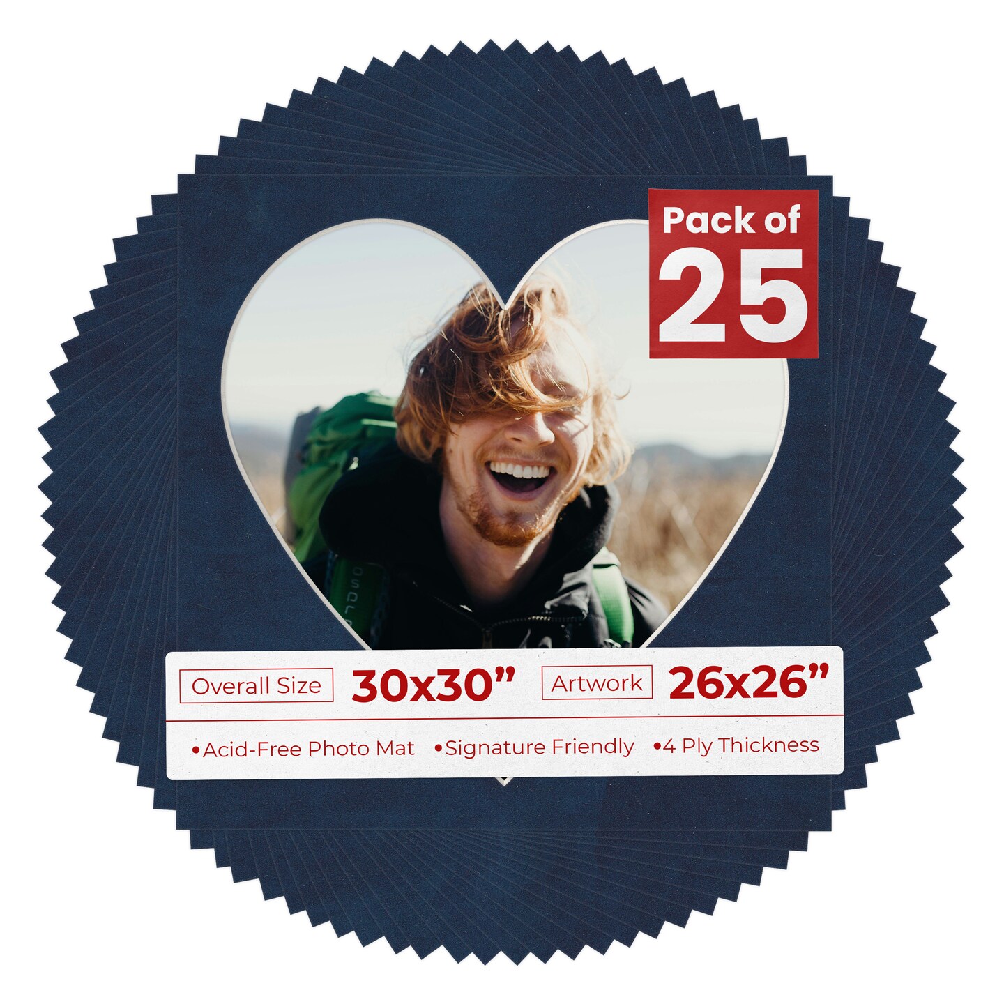 Navy Suede Mat Board for 30x30 Frames - Heart Opening for 26x26 Photos