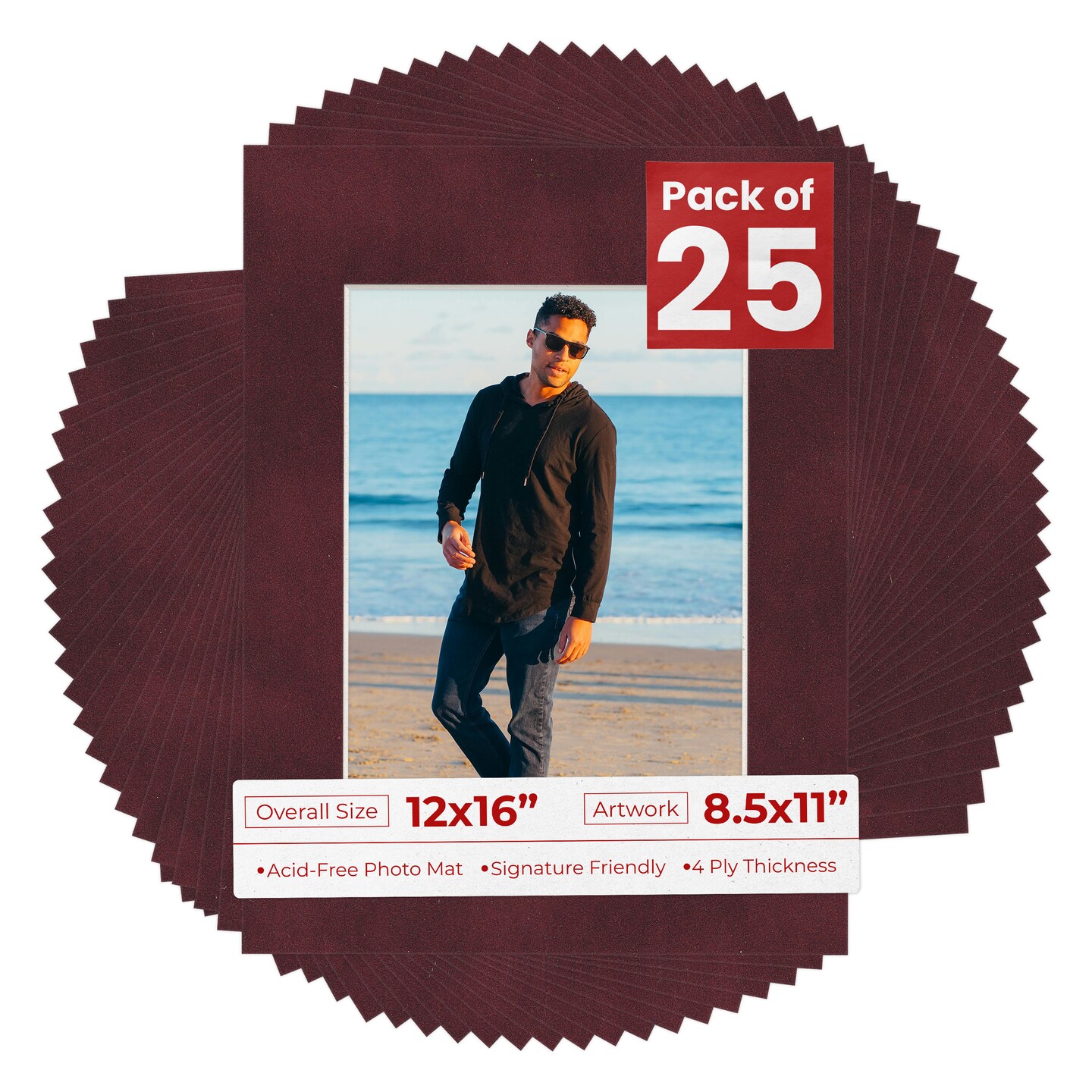 Dark Red Suede Mat Board for 12x16 Frames - Fits 8.5x11 Photos