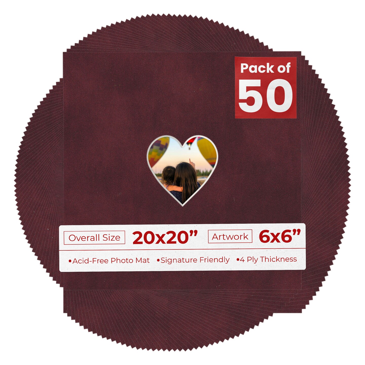 Dark Red Suede Mat Board for 20x20 Frames - Heart Opening for 6x6 Photos