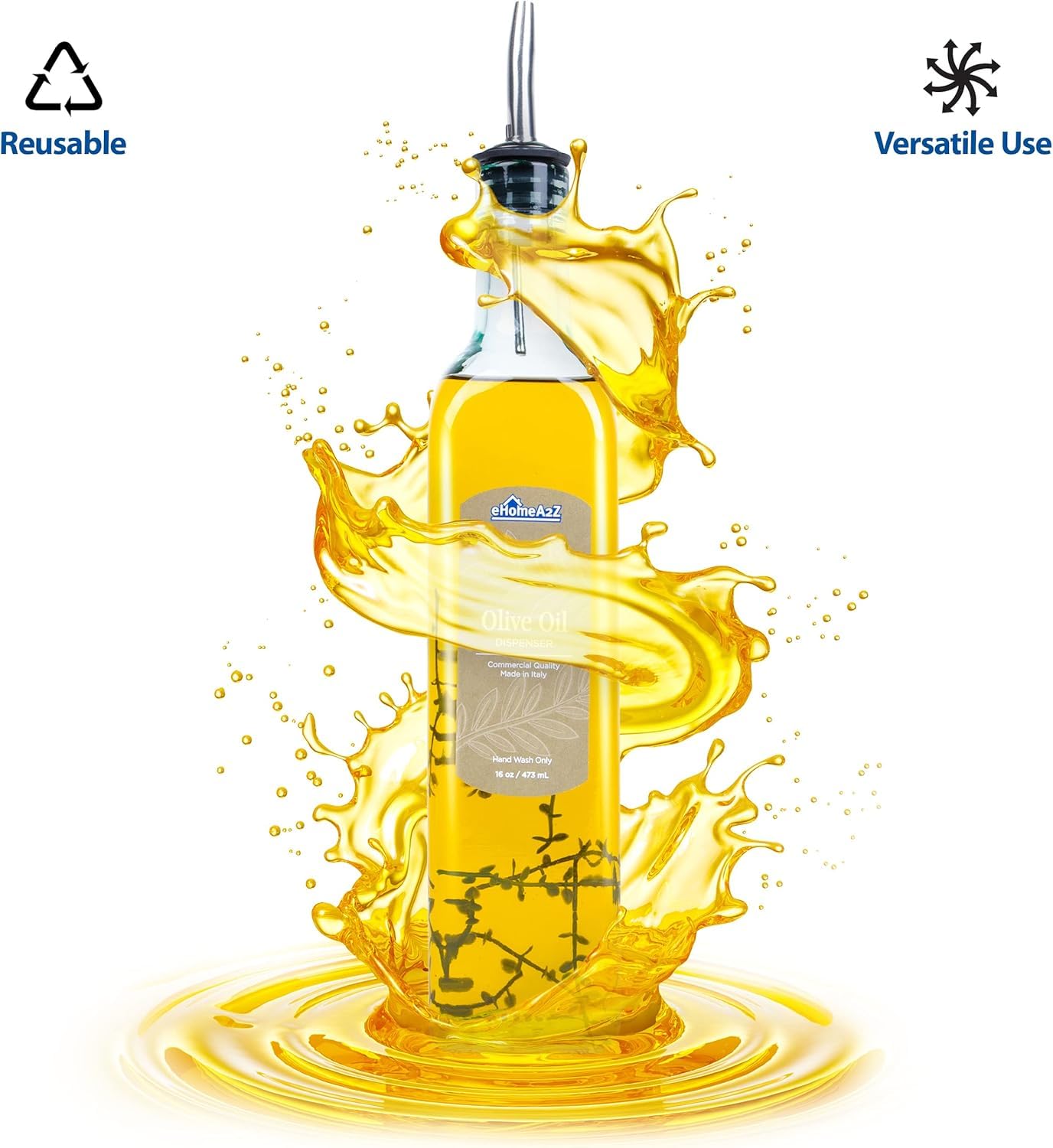 EHOMEA2Z Italian Glass Olive Oil Dispenser Bottle - 16 Oz, Oil and Vinegar Cruet with Stainless Steel Spout for Kitchen, Slight Green Tint (1, 473ml)