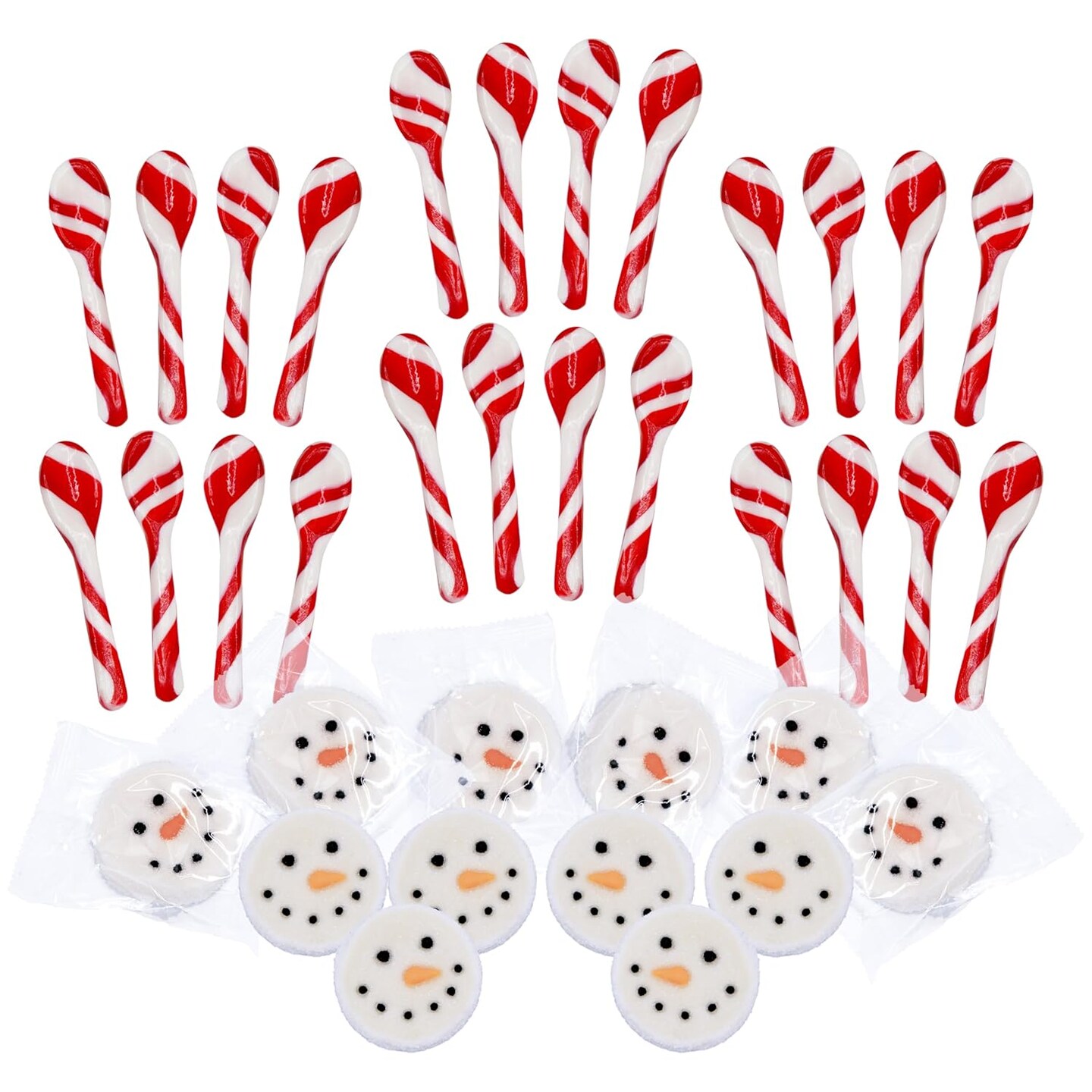 4E's Novelty Snowman Marshmallows & Peppermint Spoons 48 Pcs (24 Each) - Candy Cane Spoons for Hot Chocolate Toppers, Fun Marshmallow Toppers for Hot Chocolate &, Vanilla/Peppermint Candy Cane Spoon