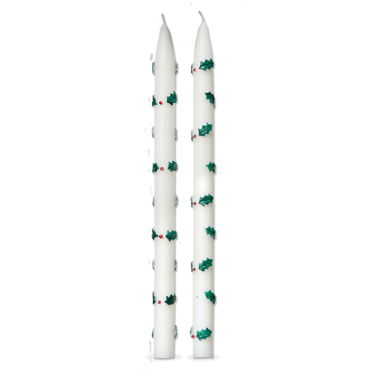 Holly Berries Hand Painted Taper Candles - Christmas Green Multi, 12&#x22; Tall, 6-Hour Burn Time, Paraffin Wax
