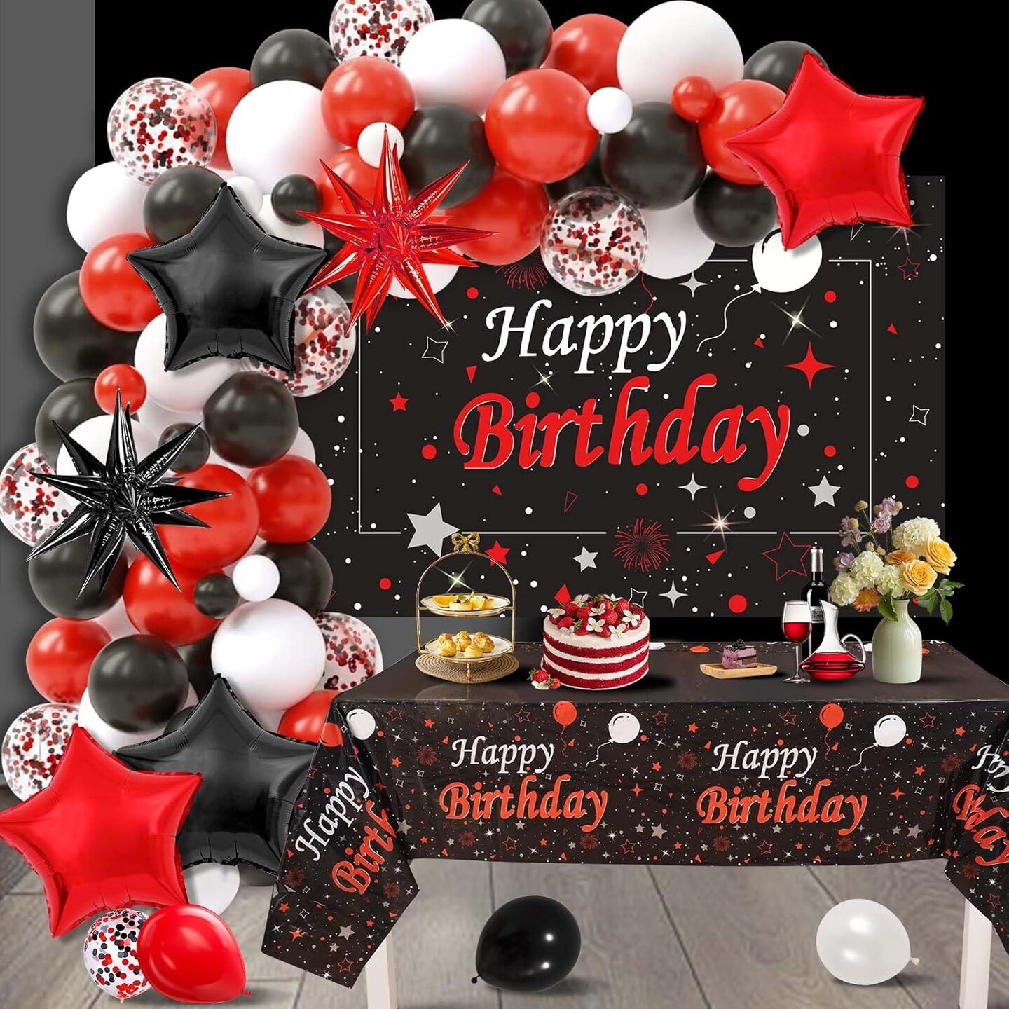 77PCS Red and Black Birthday Decorations for Women Men, Happy Birthday Banner Tablecloth Background Party Supplies, Confetti Star Red Black White Balloons Arch Kit Party Decorations