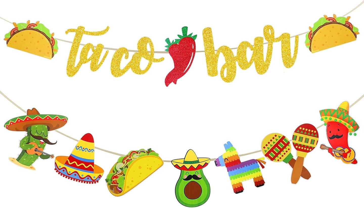 Fiesta Taco Bar Banner Garland 2 set Mexican Fiesta Party Banner with Cactus Donkey Maraca Sombrero Taco Pepper for Mexican Cinco de Mayo Fiesta Theme Party Decorations