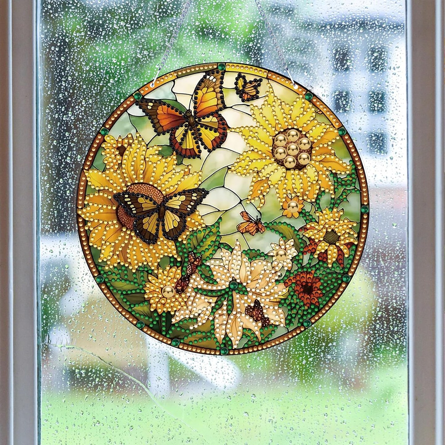 Sunflower Butterfly Diamond Painting Kits for Adults Hanging Sign Wall Art Sign Diamond Art Suncatcher Hanging Ornament Home Garden Wall Door Hanging Painting Kits, Yellow