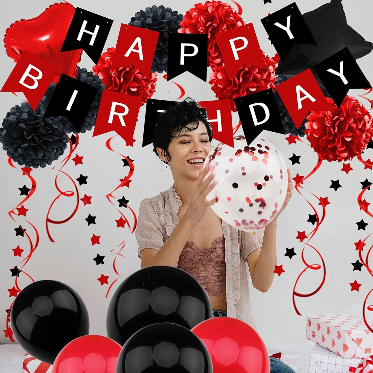 Birthday Decorations - Black &#x26; Red Party Decorations with Happy Birthday Banner, Pompoms, Balloons for Boys, Girls, Men &#x26; Women