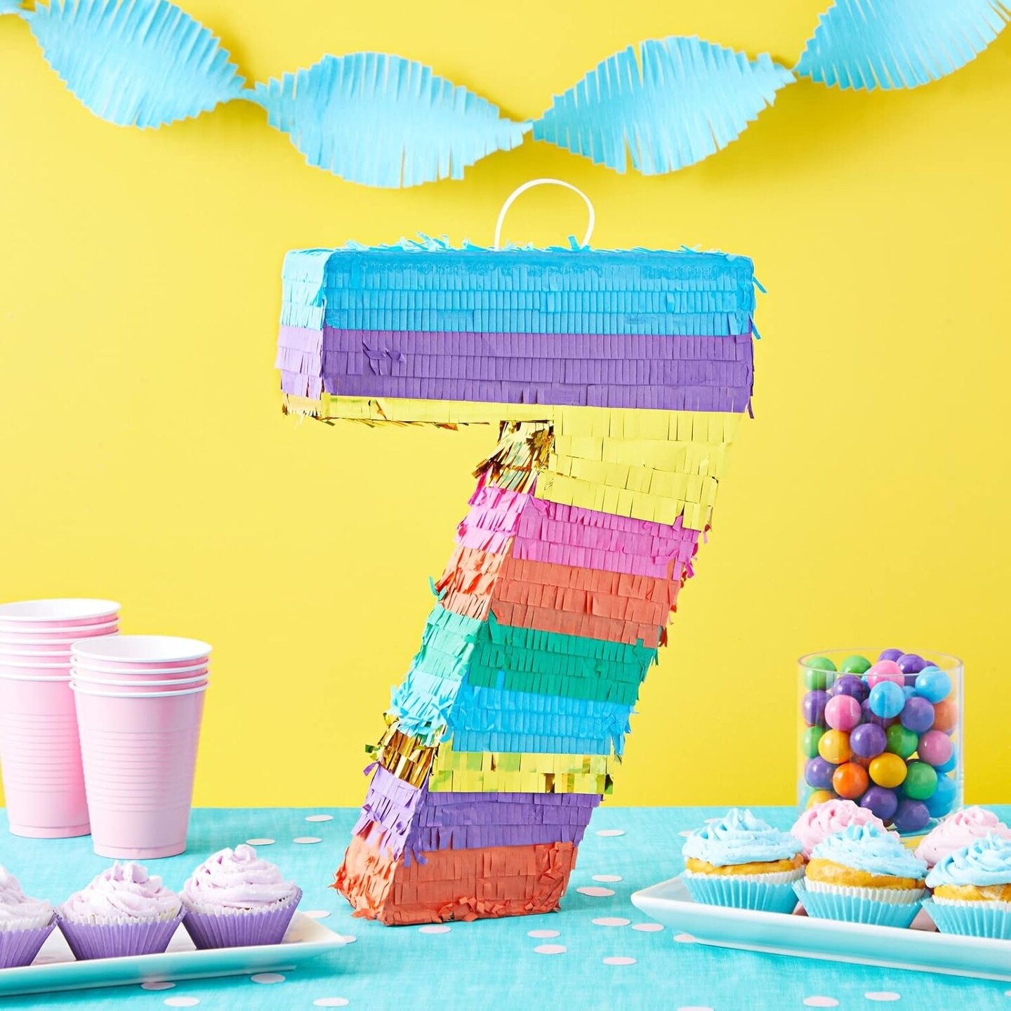 Rainbow Number 7 Pinata for 7th Birthday Party Decorations, Fiesta, Cinco de Mayo Celebration (Small, 12 x 16.75 x 3 Inches)