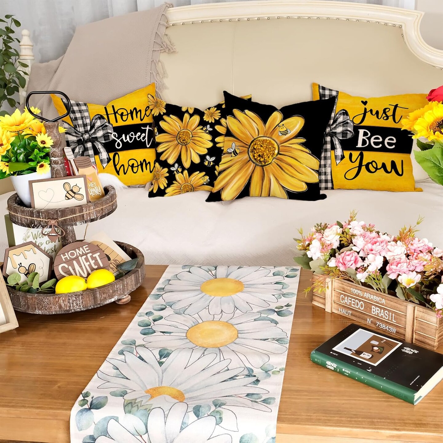 Summer Pillow Covers 18x18 Inch Set of 4, Daisy Floral Bee Home Sweet Home Black Yellow Farmhouse Decorative Throw Pillowcases for Sofa G704-18