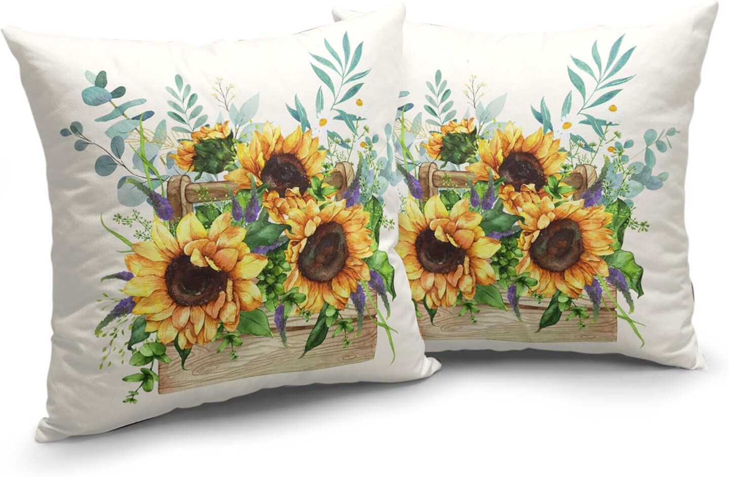 Sunflower Pillow Covers Spring Summer Floral Throw Pillow Covers Set of 2 Sunflowers with Eucalyptus Leaves Farmhouse Pillow Case 18x18 for Sofa Car Patio, Cotton Linen