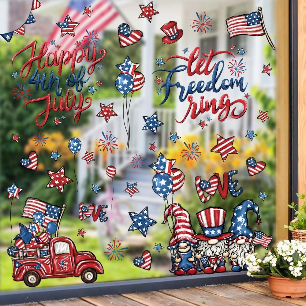 6 Sheets Patriotic Window Clings Happy 4th of July Window Stickers Gnome Truck Stars Firework USA Window Decals Independence Day Window Decor for Home School Office Party Glass Supplies