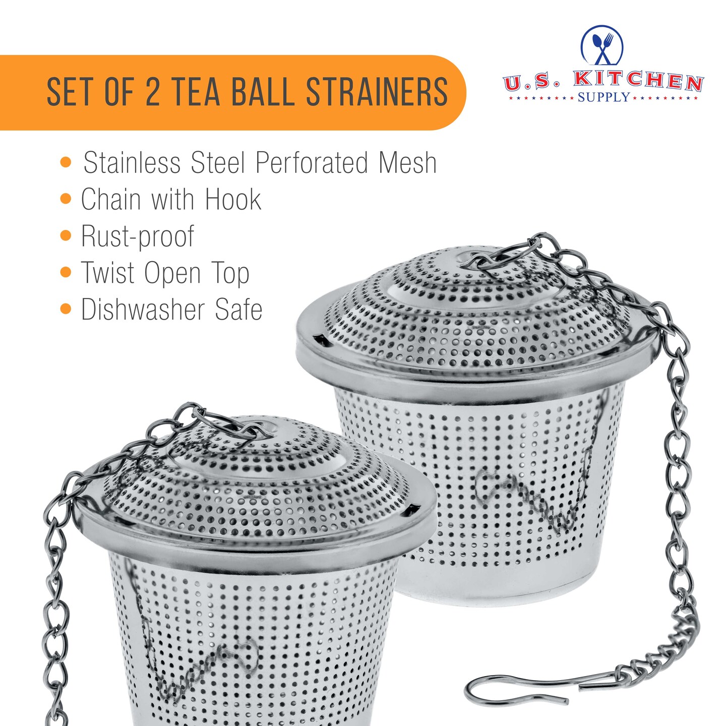 U.S. Kitchen Supply&#xAE; - 2 Premium Stainless Steel Tea Ball Strainer Infusers - 2&#x22; Size with Micro Perforated Mesh - Steep Loose Leaf Tea, Herbal, Spices