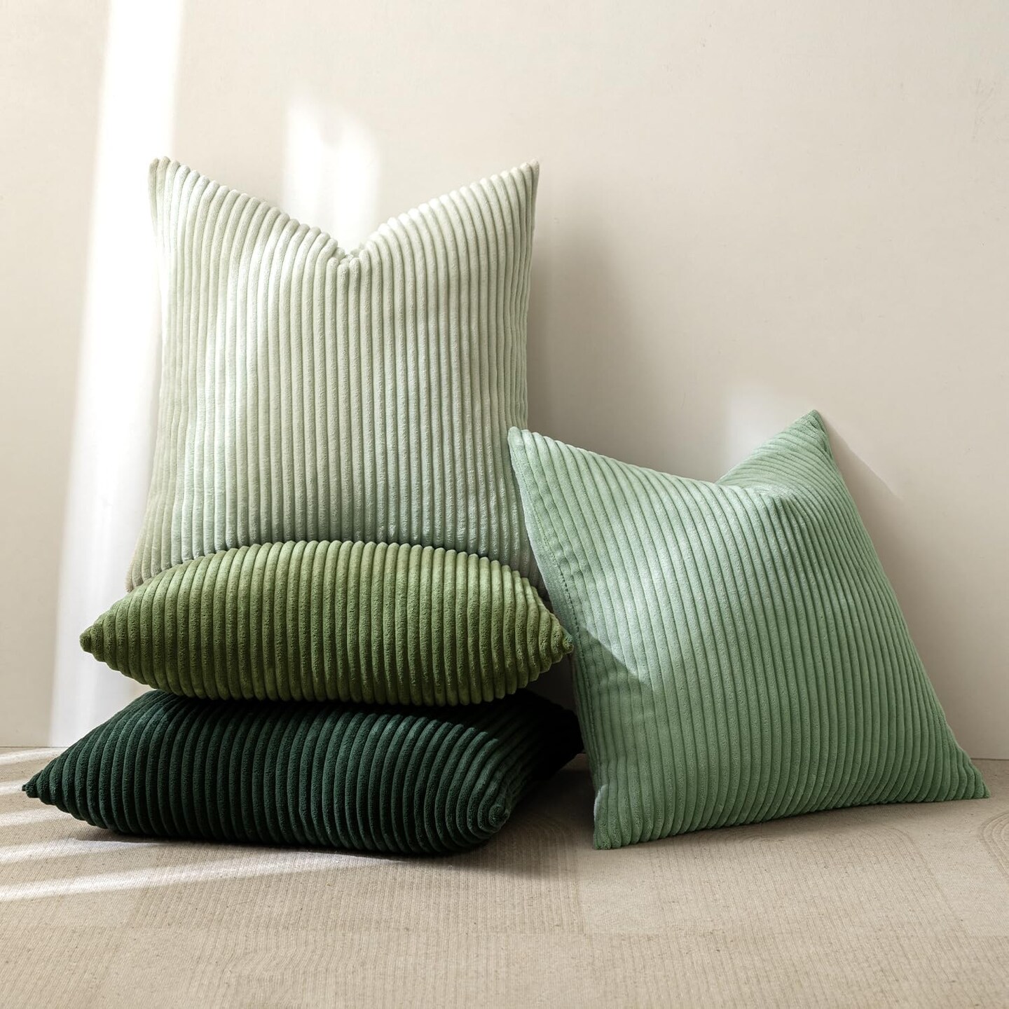 Spring Boho Farmhouse Sage Green Throw Pillow Covers 18x18 Inch Set of 4 Mordern Nordic Cushion Covers Soft Corduroy Home Decor for Couch Bed Sofa Living Room Forest Green