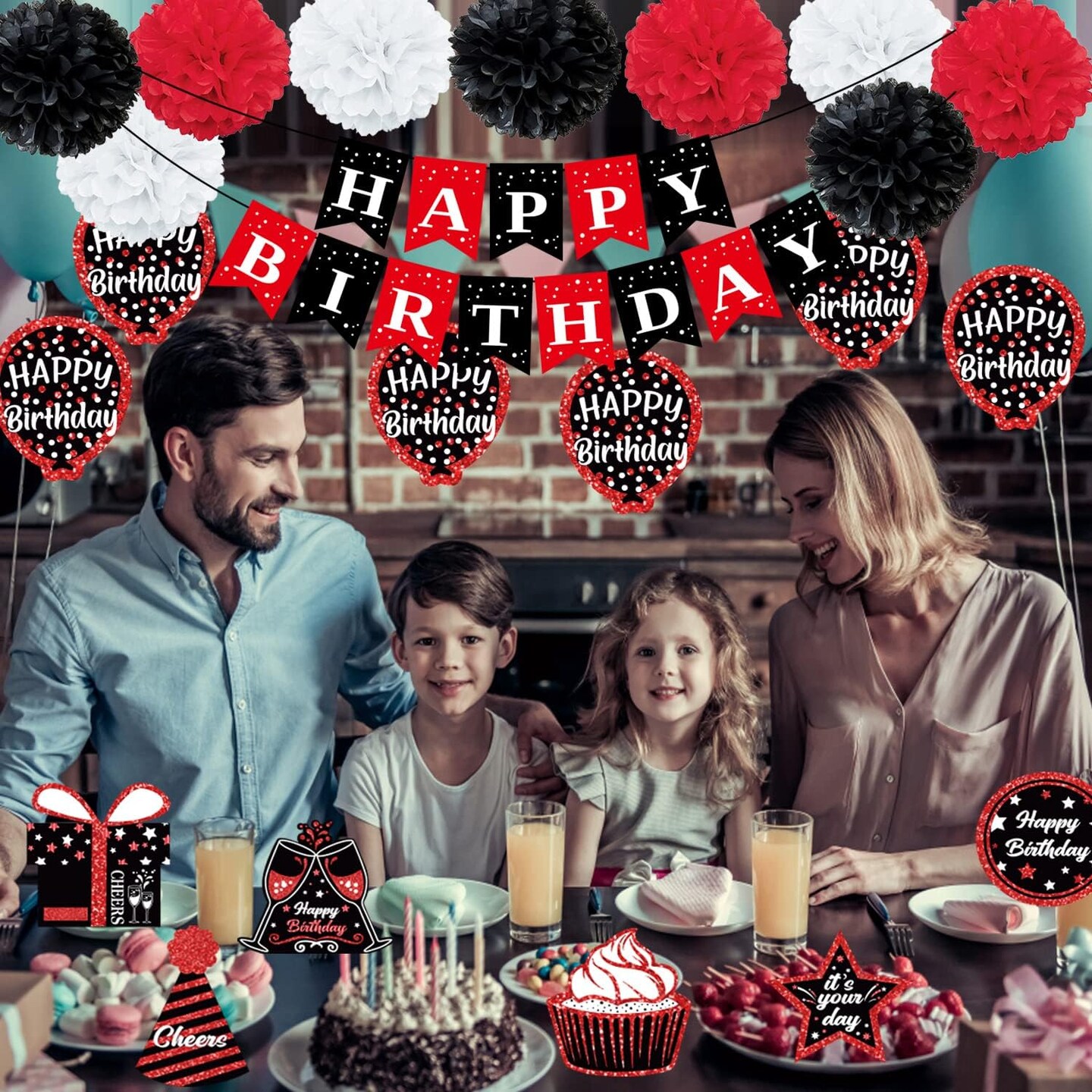 Birthday Decorations Red Black, Happy Birthday Party Decorations for Men Women Boys Girls (48pack), Happy Birthday Banner Gifts, Double-Sided Pattern Card, 9 Pompoms, Hanging Swirl Bday Decor Supplies