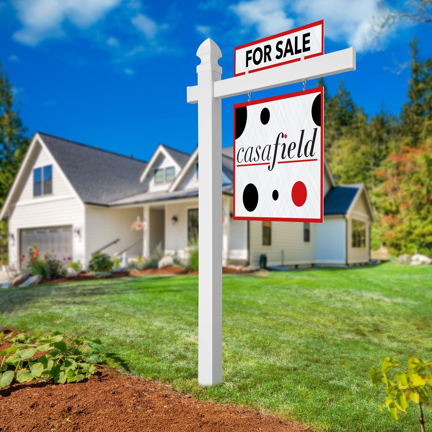 Casafield  Real Estate Sign Post for Open House and Yard Sale Signs with Flat Cap and Gothic Cap Options - Vinyl PVC - White
