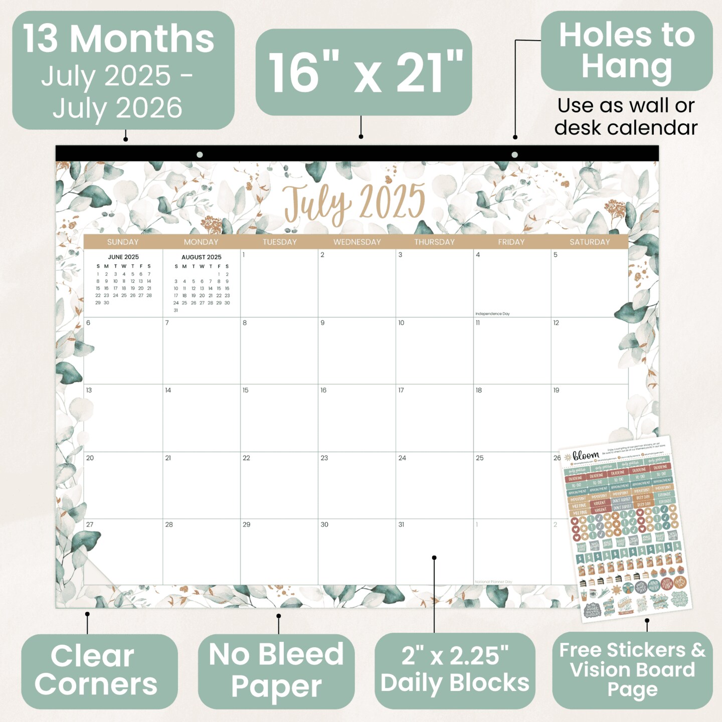 bloom daily planners 2025-26 Academic Desk & Wall Calendar, 16" x 21", Greenery
