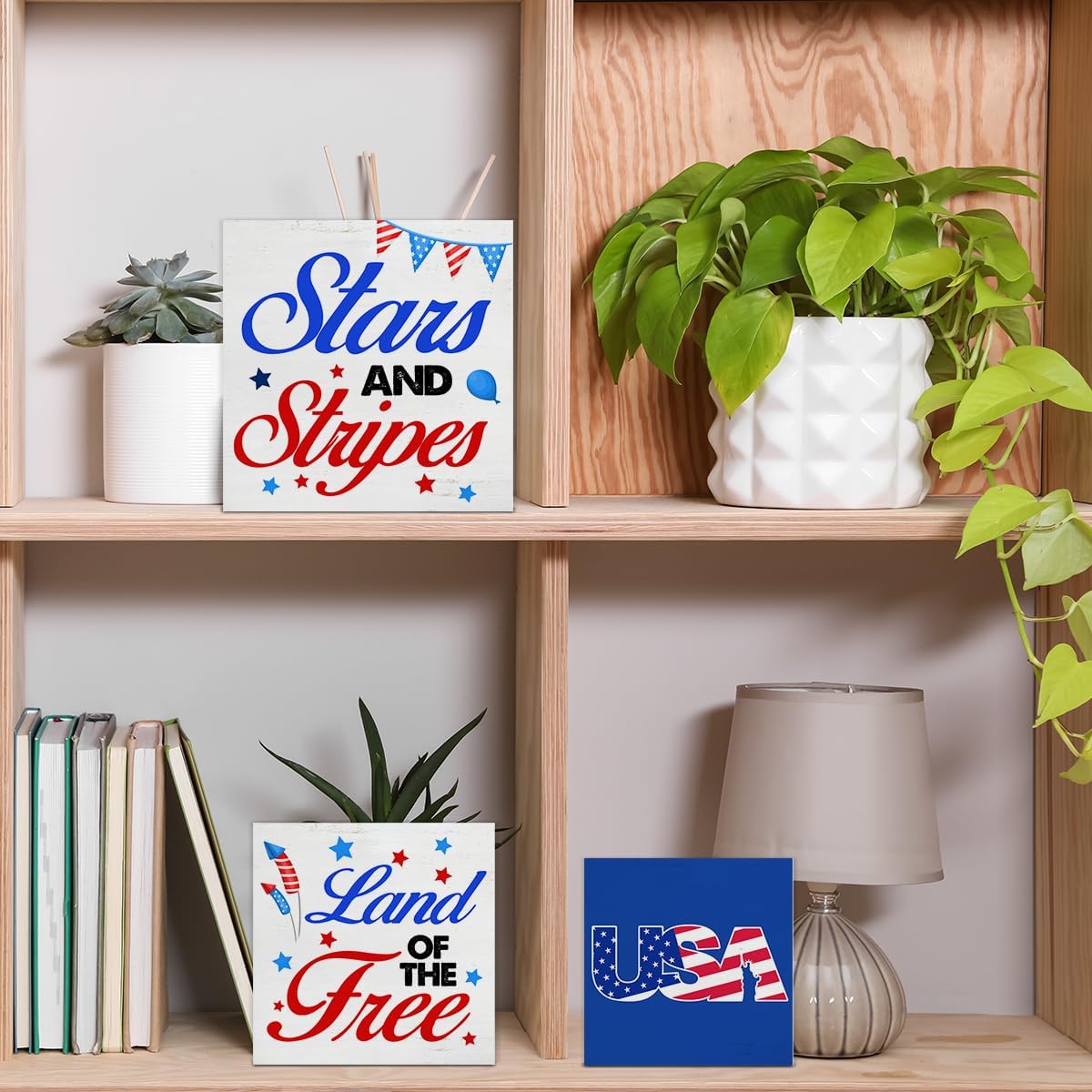 3 Pcs Patriotic Wood Signs Tabletop Decor America Wood Block Signs Independence Day Stars And Stripes Land of the Free USA Wooden Box Signs Decorations for Home Tiered Tray Desk Shelf