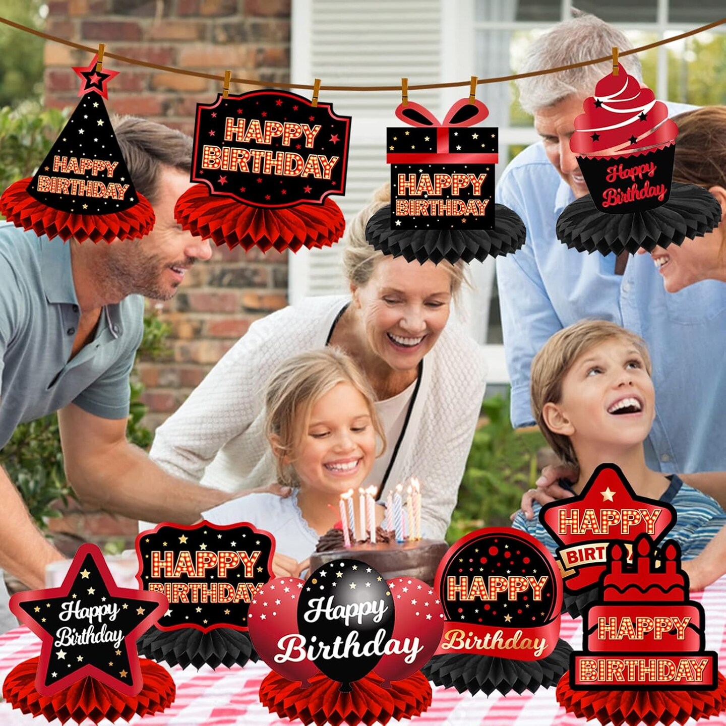 Happy Birthday Red and Black Table Honeycomb Centerpieces Balloons Theme Decor Table Decorations Table Toppers for Girls Women Princess 6th 21st 30th 40th 50th 60th Birthday Party Bday Supplies Gold