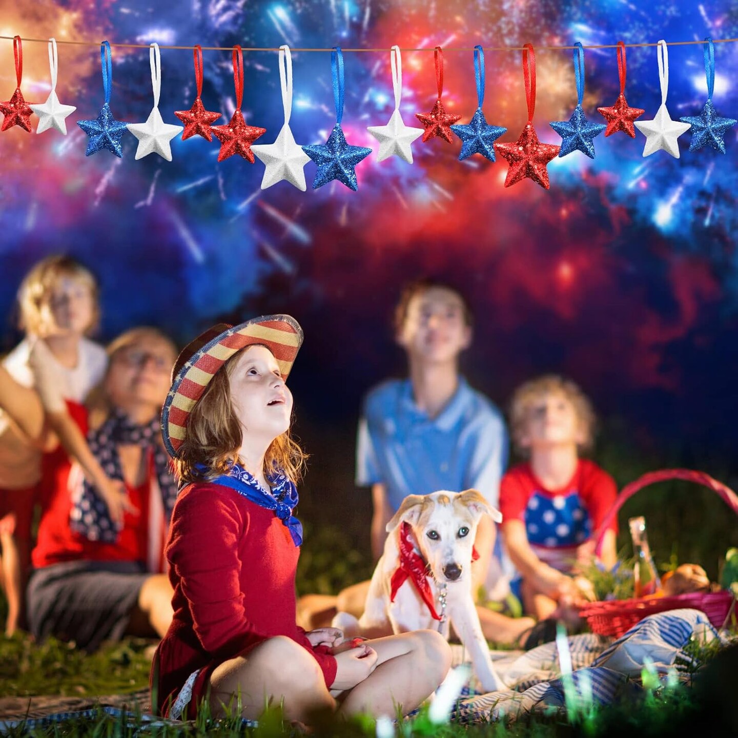 Memorial Day Star Hanging Ornaments Patriotic White Red Blue Star Shaped Ornament for 4th of July Home Indoor Outdoor Party Decor Independence Day Party Favors(36 Pcs)