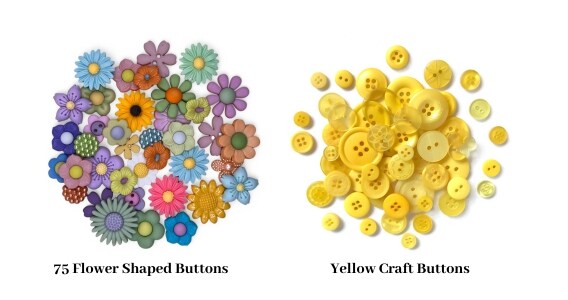 Flower Button Art Bundle | 75+ Assorted Flower Buttons + Yellow Fillers | Craft & DIY Decor Kit (8” x 10” Frame Size)
