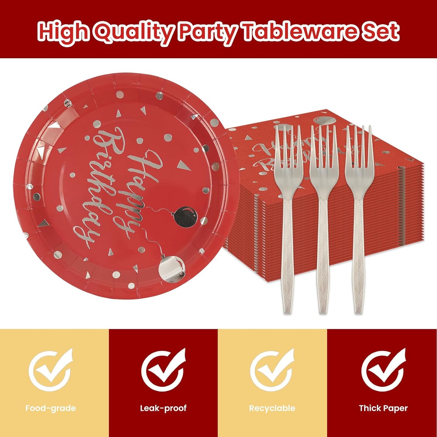 75PCS Happy Birthday Paper Plates Set, Disposable Party Dessert Plates Dinnerware Napkins Plastic Forks Tableware Guests for 2025 New Year Birthday Party Decoration, Serve 25 (Red, 7IN)