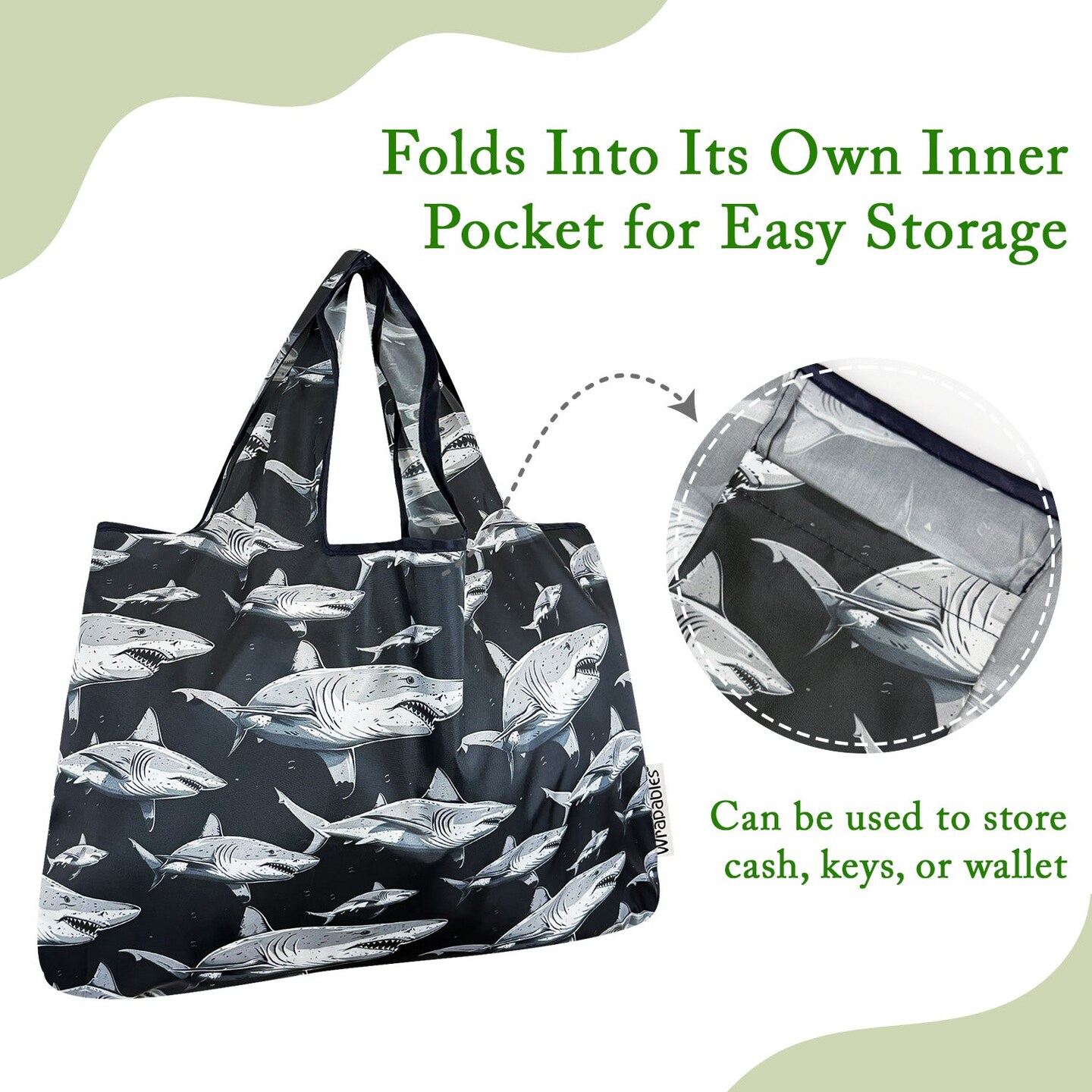 Wrapables Large & Small Foldable Tote Nylon Reusable Grocery Bags, Set of 2, Sharks in Black