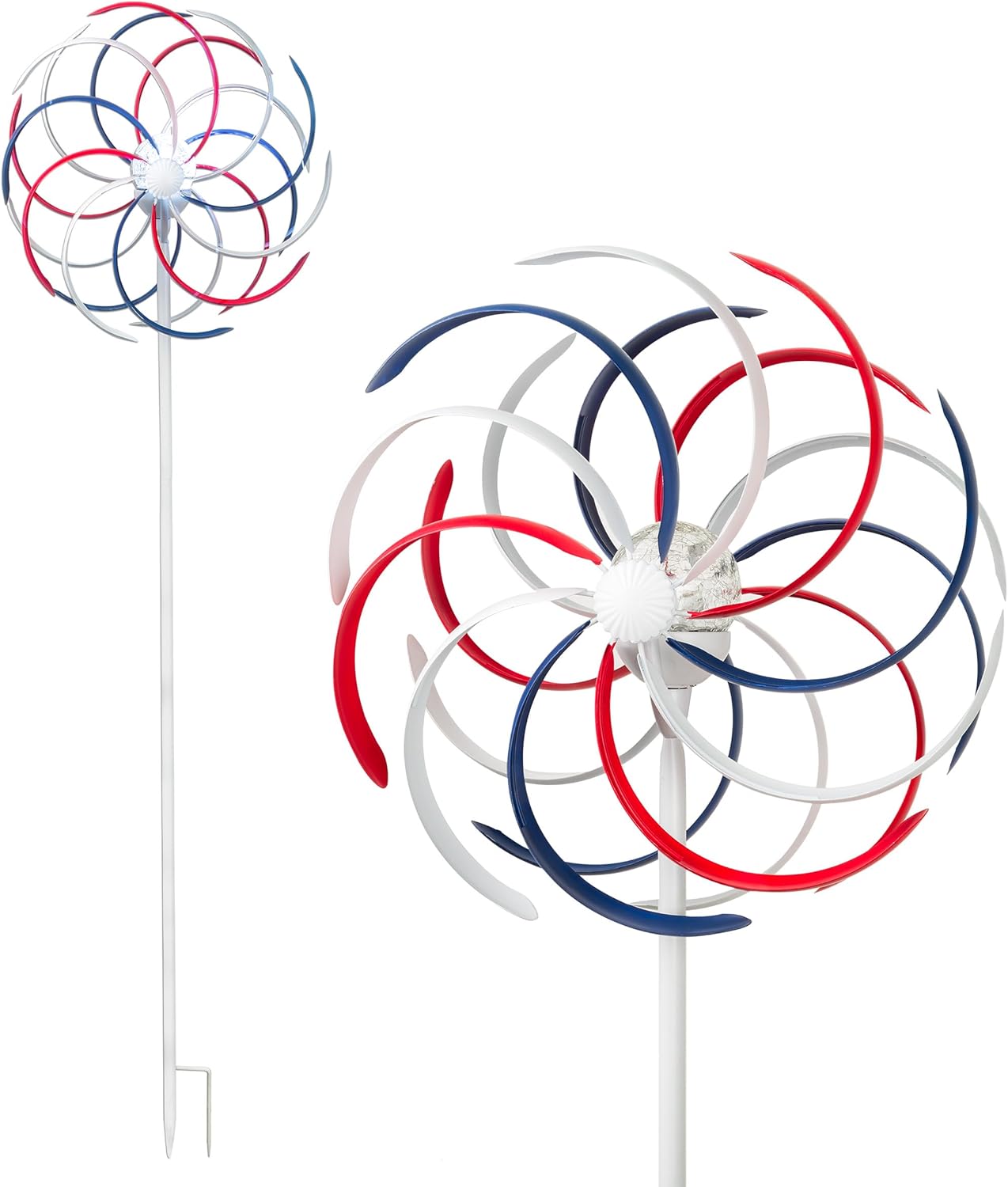 Tall Outdoor Solar Powered Patriotic Dual Windmill Spinner Stake Yard Decoration, Red, White, and Blue