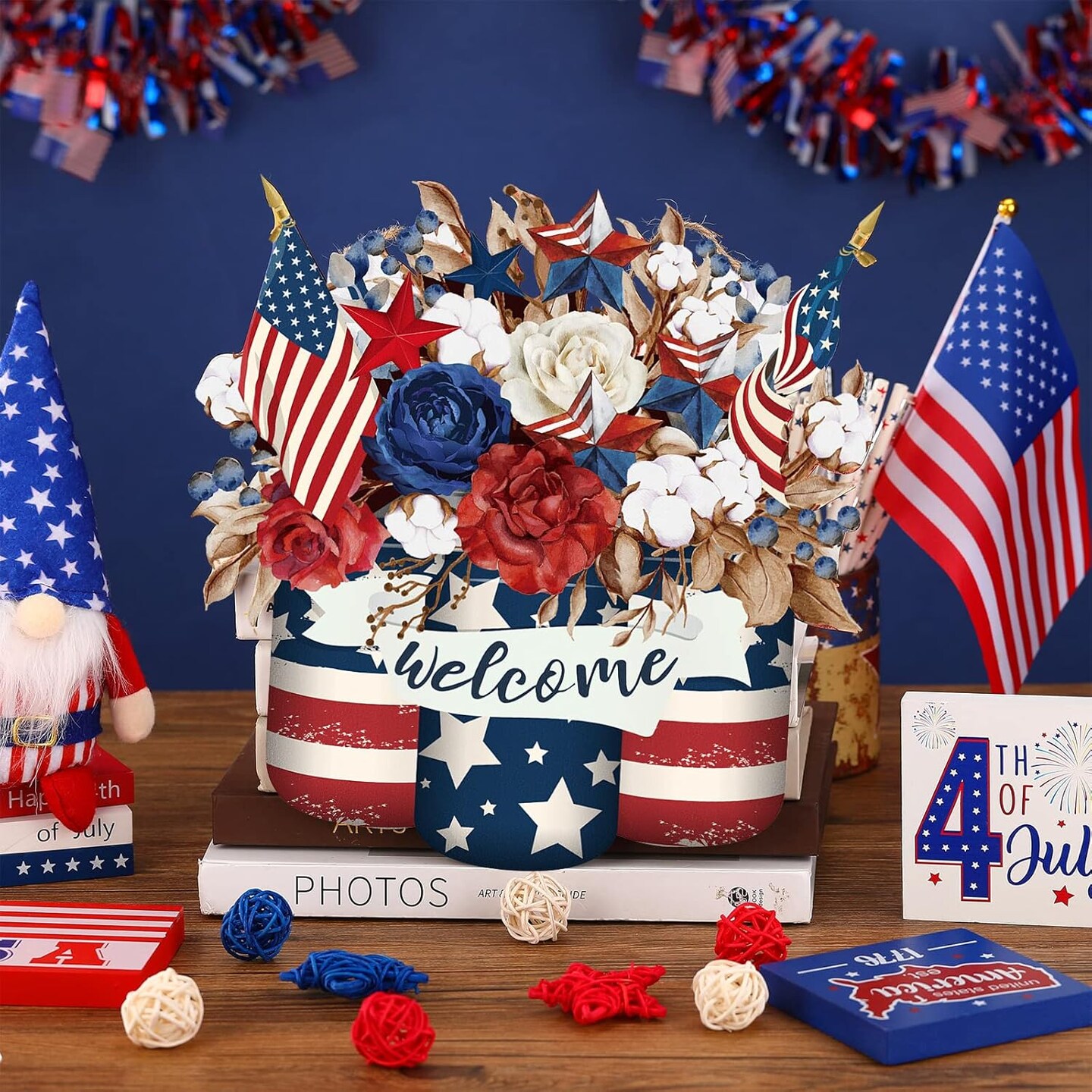 4th of July Decorations Patriotic Door Sign Wooden Memorial Day Wreath Red White Blue American Flag Door Hanger Independence Day Decor for Front Porch Wall Home Outdoor(Stylish)