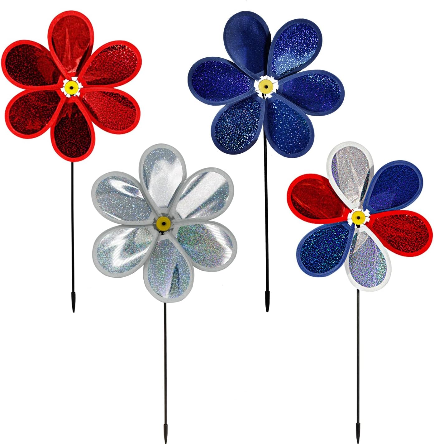 4PCS Garden Wind Spinners for Kids Outdoor, American Flag Color Lawn Yard Decorative Pinwheel Colorful Whirligigs Windmill