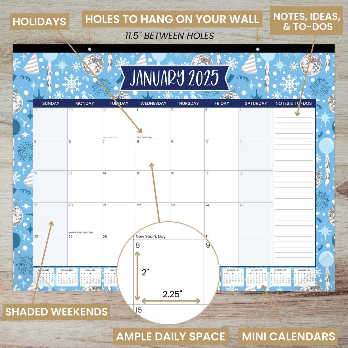 bloom daily planners 2025 Desk Calendar, 16" x 21", Holiday Icons