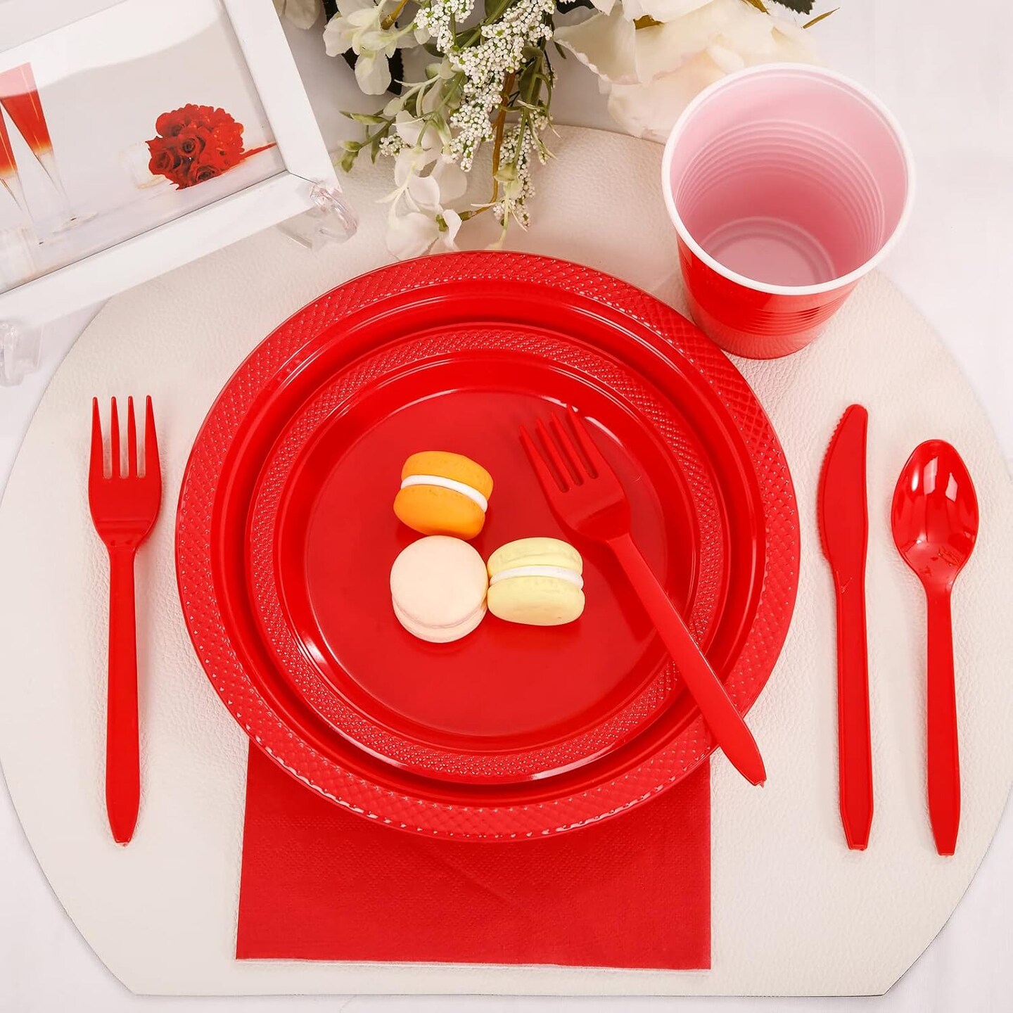 350PCS Red Disposable Plastic Plates,Valentines Day Plates Includes 50 Dinner Plates, 50 Salad Plates, 50 Sets of Red Silverware, 50 Red Napkins and 50Pcs 12OZ Plastic Cups