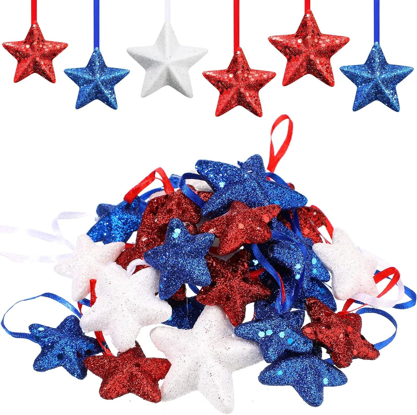 Memorial Day Star Hanging Ornaments Patriotic White Red Blue Star Shaped Ornament for 4th of July Home Indoor Outdoor Party Decor Independence Day Party Favors(36 Pcs)