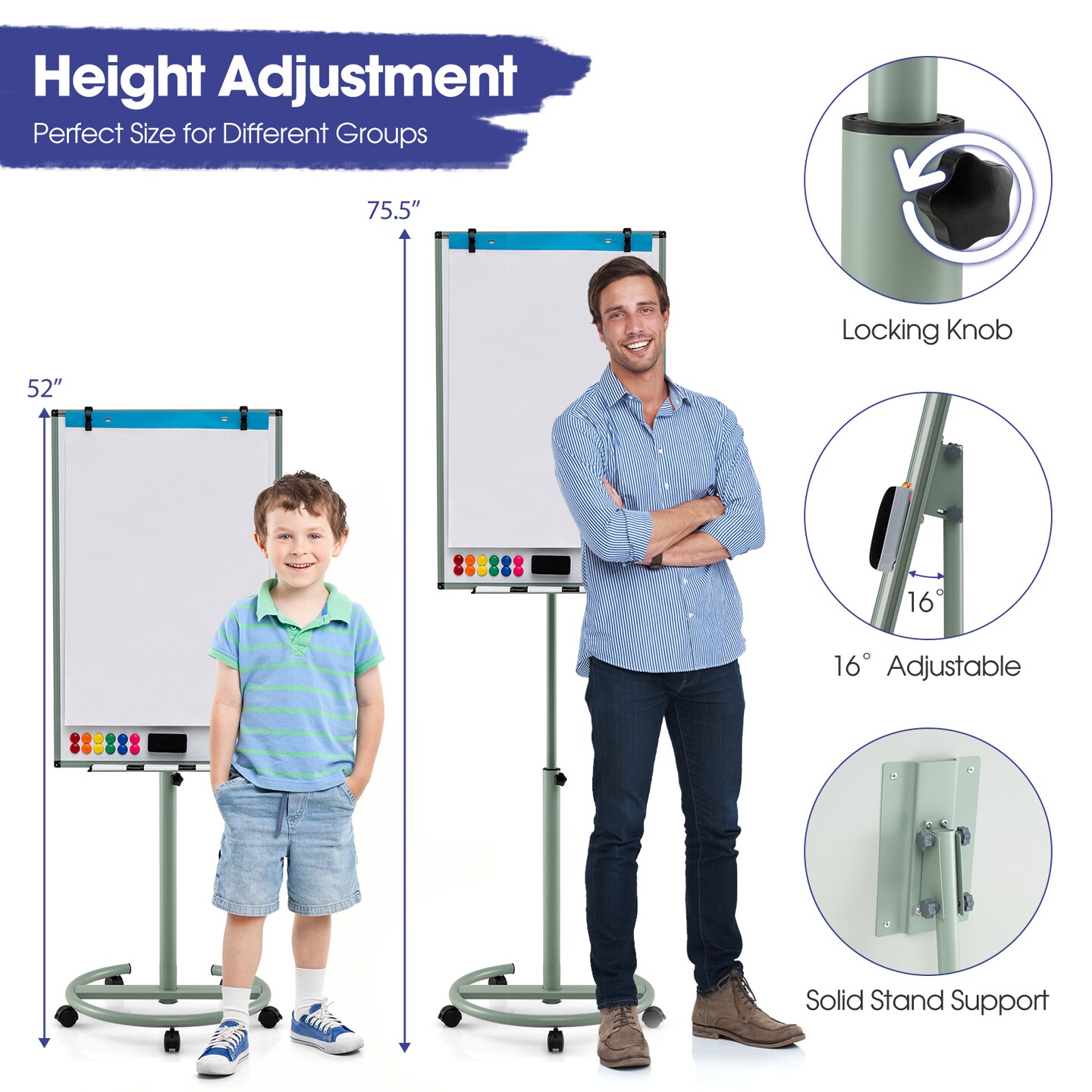 Rolling Whiteboard with Markers, Paper Pad, and Magnets