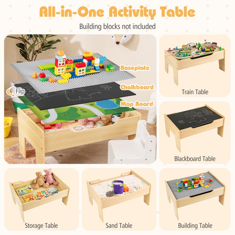 78-Piece Wooden Train Table Playset for Kids with Chalkboard and Map Board Storage
