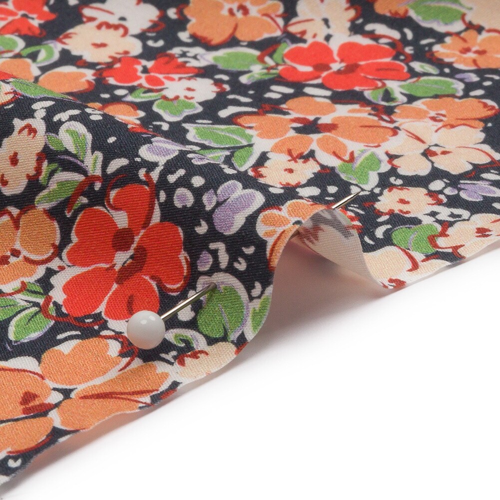 1 Yard Cotton Poplin Black and Peach Floral Poppy Hypnosis Print Fabric