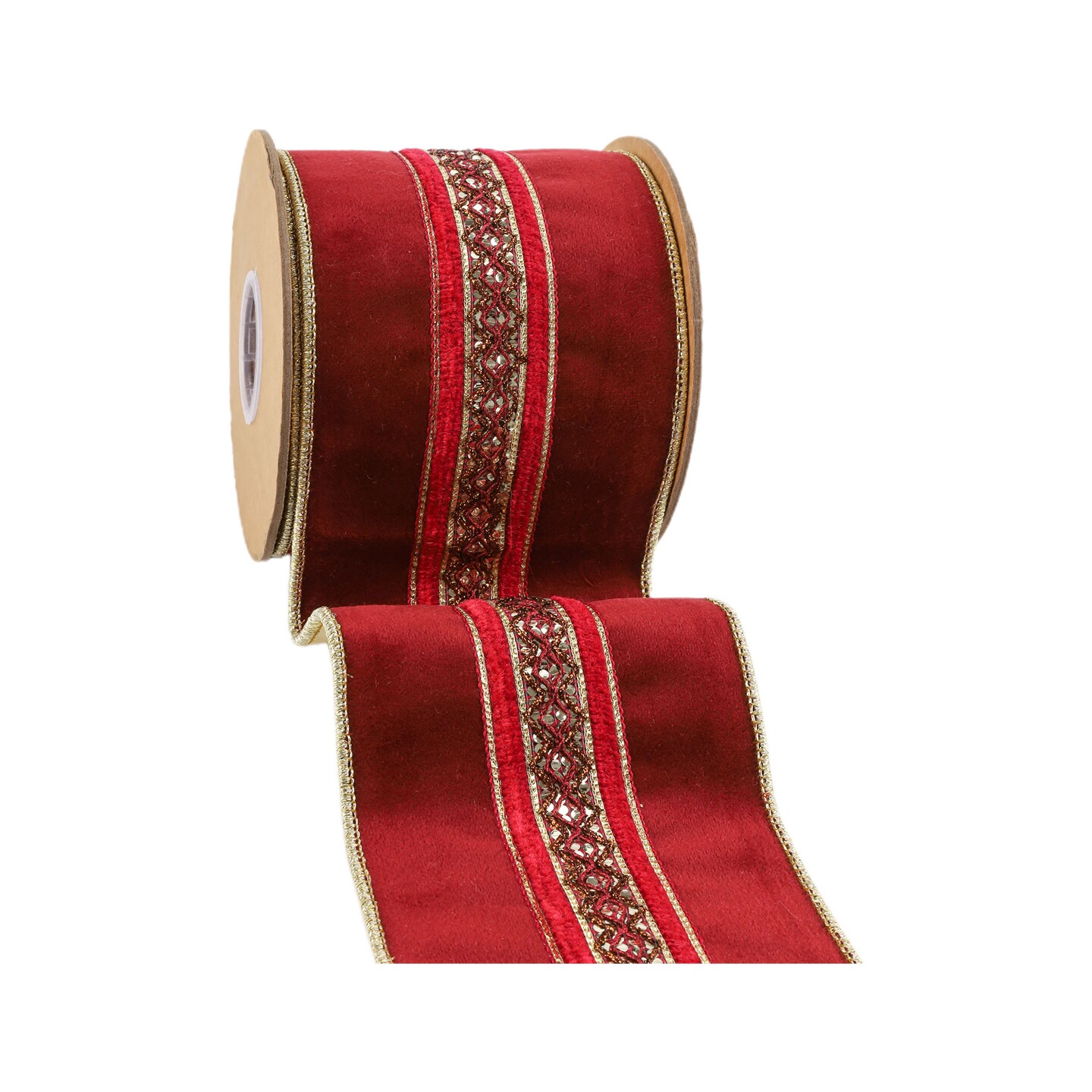 LaRibbons 4&#x22; Wired Velvet Ribbon | Red w/ Red/Gold Trim | 5 Yard Roll
