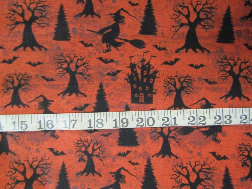 Halloween Flying Witches Bats and Houses on Red Orange 100% Cotton Fabric
