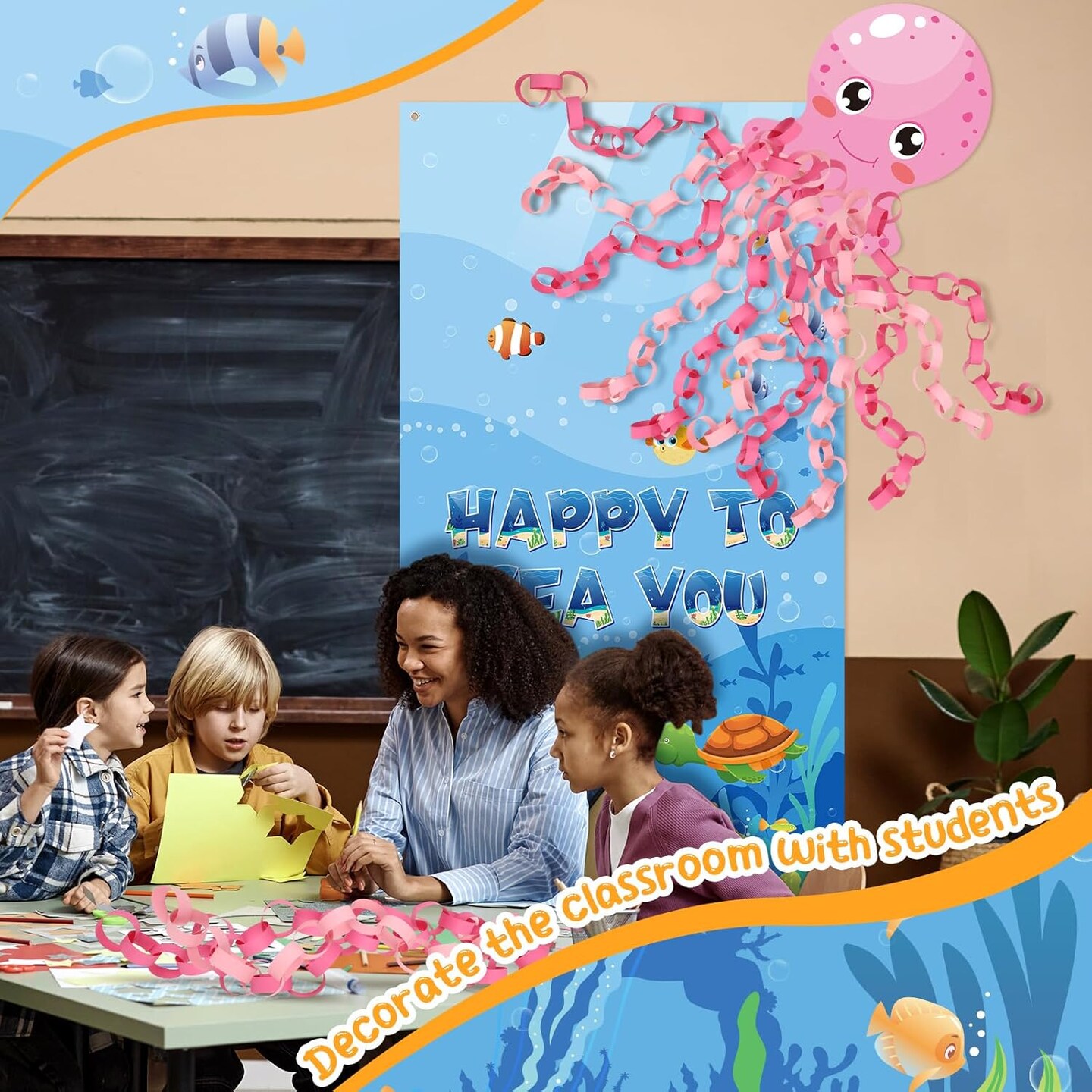 Ocean Classroom Decor Happy to Sea You Background Door Cover First Day of School DIY Octopus Door Banner Front Porch Sign for Back School Supplies Summer Party Decor