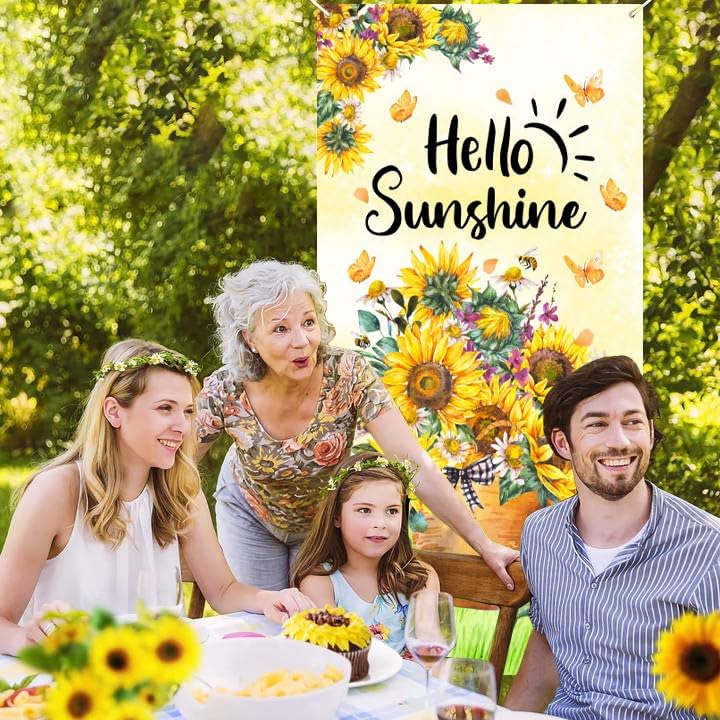 Hello Sunshine Floral Welcome Door Cover, Bicycle with Sunflower Banner. Watercolor Butterfly and Lemon Decorative for Front Door Holiday Spring and Summer Party Indoor and Outdoor