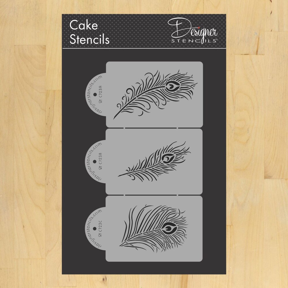 Peacock Feather Cake Stencil Set | C723 by Designer Stencils | Cake Decorating Tools | Baking Stencils for Royal Icing, Airbrush, Dusting Powder | Reusable Plastic Food Grade Stencil for Cakes | Easy to Use &#x26; Clean Cake Stencil