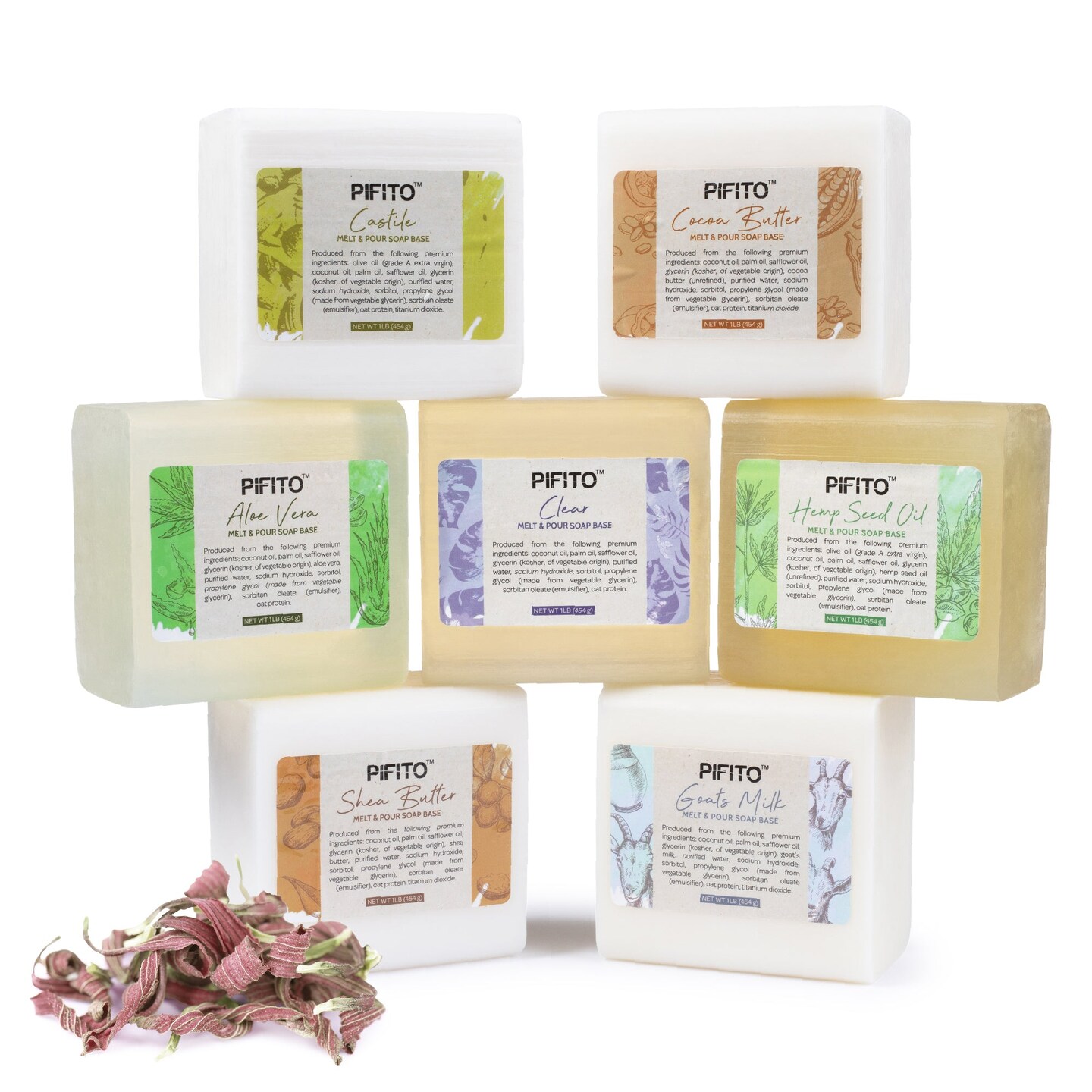 Pifito Melt and Pour Soap Base Sampler (7 lbs) │ Assortment of 7 Bases (1lb ea) │ Hemp Seed Oil, Clear, Aloe Vera, Goats Milk, Cocoa Butter, Shea Butter, Castile │ Glycerin Soap Making Supplies