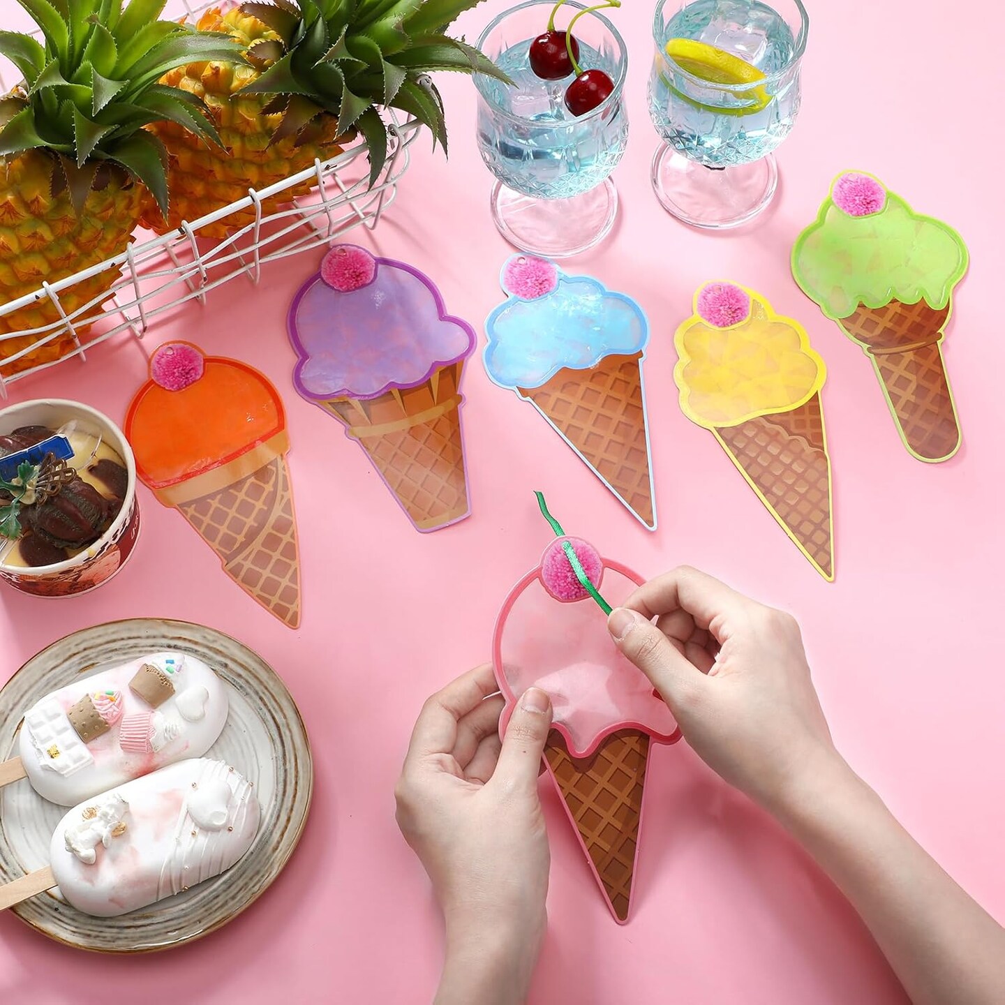 24 Sets Summer Craft Kits Ice Cream Tissue Paper Craft DIY Make Your Own Ice Cream Hanging Ornaments for Summer