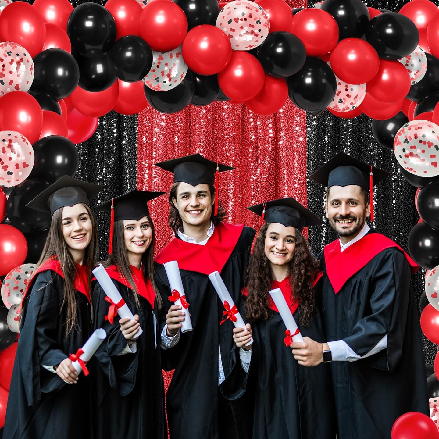 137 Pcs Black Red Party Decorations with 4 Sequin Backdrop Curtain 133 Balloon Arch Kit 2025 Graduation Decorations Birthday Party Photo Backdrop for Wedding Anniversary Decor