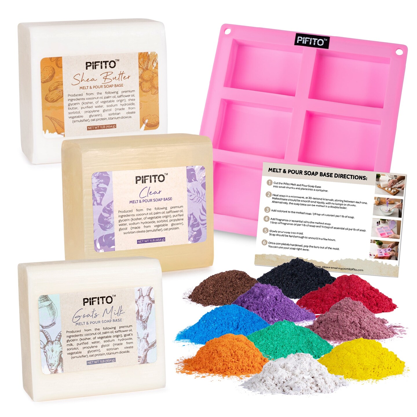 Pifito Soap Making Kit &#x2502; DIY Soap Making Supplies - 3 lbs Melt and Pour Soap Base (Goats Milk, Shea Butter, Clear), 10-Pack Mica &#x22;Original&#x22; Colorants Sampler, Mold and Instructions