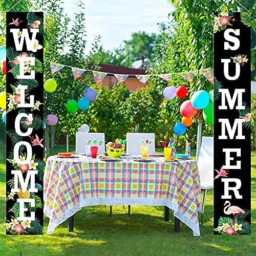 Welcome Summer Porch Sign, Floral Flamingo Welcome Summer Banners for Outside Door, Hawaii Party Decorations, Hanging Banner Flag, Door Hanging Banners Supplies