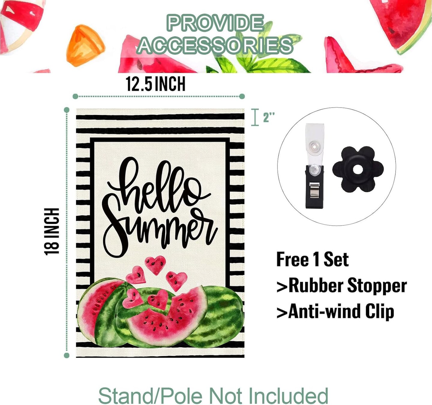 Hello Summer Watermelon Garden Flag Double Sided Black Stripes Watermelon Fruit Cool Summer Yard Flag Seasonal Holiday Outdoor Outside Decoration 12.5x18 Inch