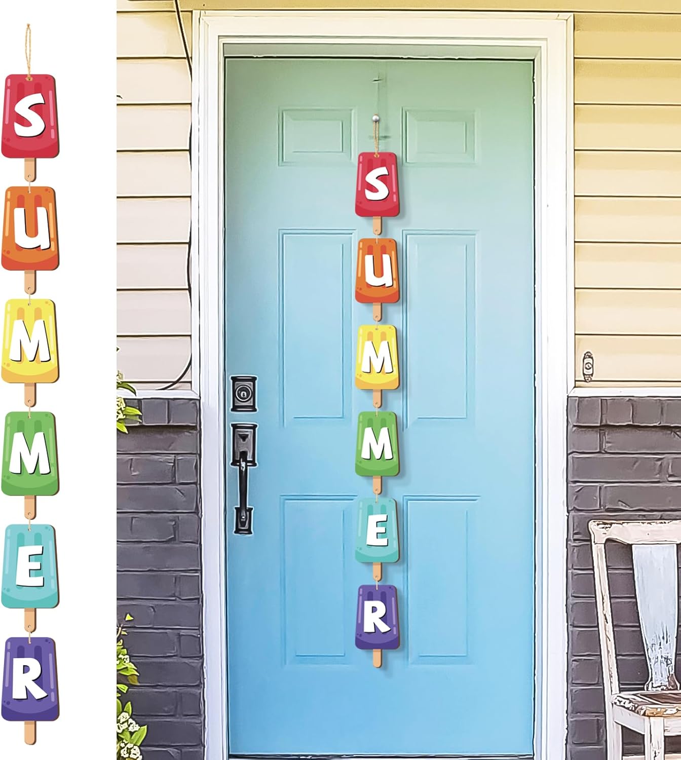 Summer Door Porch Signs Wooden Ice Cream Door Hanger Welcome Door Decor Teal Farmhouse Porch Rustic Wall Plaque Decor with Lanyard for Front Door Home Bathroom Indoor Outdoor