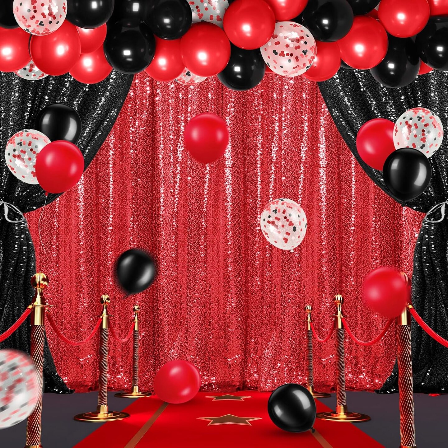 137 Pcs Black Red Party Decorations with 4 Sequin Backdrop Curtain 133 Balloon Arch Kit 2025 Graduation Decorations Birthday Party Photo Backdrop for Wedding Anniversary Decor